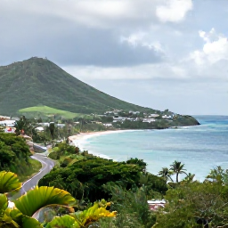 Caribbean Holidays, September Beaches, Tropical Saint Martin landscape after a brief September shower, lush hills, bright sea, winding coastal road and soft sunlight