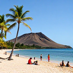 Caribbean Holidays, September Beaches, Visitors relaxing beneath palm trees beside a calm sandy beach on Nevis, with volcanic hills in the background