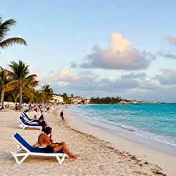 Caribbean Holidays, September Beaches, Visitors relaxing on a quiet sandy beach in Sint Maarten during September, turquoise sea, sun loungers, palm trees and gentle tropical light