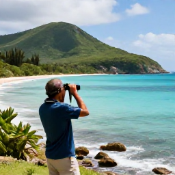 Caribbean Holidays, September Birdwatching, A birdwatcher with binoculars overlooking a quiet tropical bay and green hills on Saint Barth&eacute;lemy in September