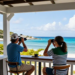 Caribbean Holidays, September Birdwatching, A friendly couple birdwatching from a shaded terrace overlooking the Caribbean on Saint Barth&eacute;lemy