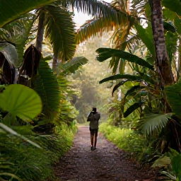 Caribbean Holidays, September Birdwatching, A quiet forest trail in Montserrat during September, with tropical foliage, soft morning light and a birder carrying binoculars