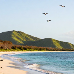 Caribbean Holidays, September Birdwatching, A sunny September afternoon on a quiet Montserrat beach with green hills, calm Caribbean water and a few seabirds overhead
