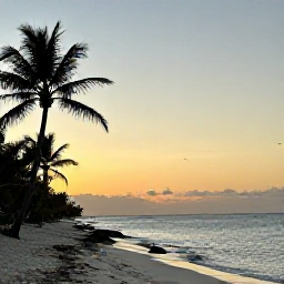 Caribbean Holidays, September Birdwatching, Barbados coastline at sunset with a quiet beach, palm trees and seabirds in the distance