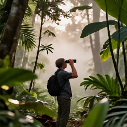 Caribbean Holidays, September Birdwatching, Birdwatcher in a lush Guadeloupe rainforest at dawn, binoculars raised, tropical foliage and soft morning light