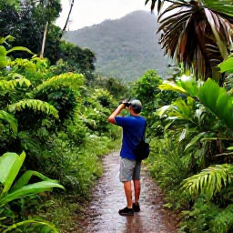Caribbean Holidays, September Birdwatching, Birdwatcher on a rainforest trail near Morne Diablotin National Park, Dominica, binoculars raised towards birds in the canopy after a light shower