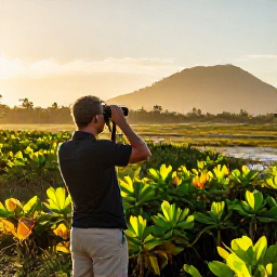 Caribbean Holidays, September Birdwatching, Birdwatcher overlooking a tranquil Antigua wetland at sunrise, binoculars and tropical vegetation in view