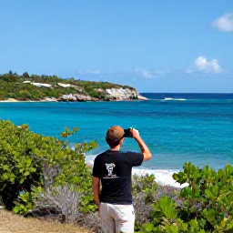 Caribbean Holidays, September Birdwatching, Birdwatcher overlooking coastal scrub and turquoise sea on Tortola in the British Virgin Islands during September