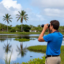 Caribbean Holidays, September Birdwatching, Birdwatcher using binoculars beside a tranquil Barbados wetland with palms and tropical vegetation