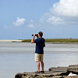 Caribbean Holidays, September Birdwatching, Birdwatcher using binoculars beside the peaceful wetlands and saltpans of Aruba
