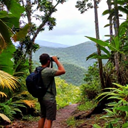 Caribbean Holidays, September Birdwatching, Birdwatcher using binoculars on a rainforest trail near Vermont Nature Trail, Saint Vincent, with tropical foliage and mountain scenery