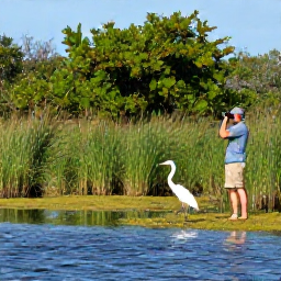 Caribbean Holidays, September Birdwatching, Birdwatcher with binoculars beside a peaceful wetland on Providenciales, spotting herons and egrets among reeds and mangroves
