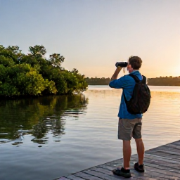 Caribbean Holidays, September Birdwatching, Birdwatcher with binoculars beside a quiet mangrove lagoon in The Bahamas at sunrise