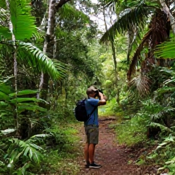 Caribbean Holidays, September Birdwatching, Birdwatcher with binoculars exploring a forest trail on Nevis beneath green tropical trees