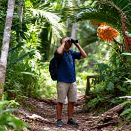 Caribbean Holidays, September Birdwatching, Birdwatcher with binoculars on a forest trail in the Northern Range of Trinidad, surrounded by lush tropical vegetation