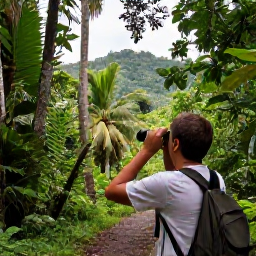 Caribbean Holidays, September Birdwatching, Birdwatcher with binoculars on a forest trail overlooking tropical Caribbean woodland and distant hills