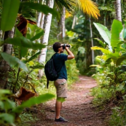 Caribbean Holidays, September Birdwatching, Birdwatcher with binoculars on a quiet forest trail in the Dominican Republic, surrounded by tropical vegetation