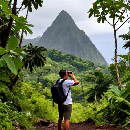 Caribbean Holidays, September Birdwatching, Birdwatcher with binoculars on a rainforest trail overlooking Saint Lucia&rsquo;s green hills