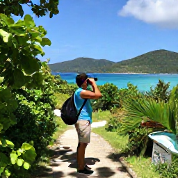 Caribbean Holidays, September Birdwatching, Birdwatcher with binoculars on a shaded trail overlooking green hills and turquoise sea in St Croix, US Virgin Islands