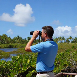 Caribbean Holidays, September Birdwatching, Birdwatcher with binoculars overlooking tropical wetlands and mangroves on Saint Martin in September