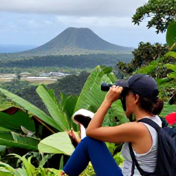 Caribbean Holidays, September Birdwatching, Birdwatchers exploring a leafy Montserrat trail with binoculars, tropical plants, volcanic hills and distant Caribbean views