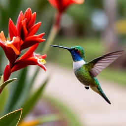 Caribbean Holidays, September Birdwatching, Bright hummingbird feeding from tropical flowers beside a Caribbean garden path
