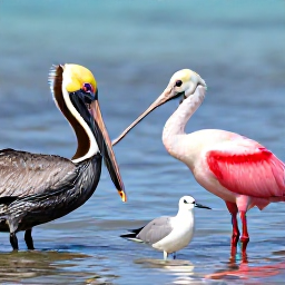 Caribbean Holidays, September Birdwatching, Close-up of a roseate spoonbill, brown pelican and elegant tern beside a Caribbean lagoon in the Turks and Caicos Islands