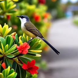 Caribbean Holidays, September Birdwatching, Close-up tropical bird perched among flowering shrubs beside a Caribbean trail on Saint Martin