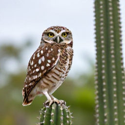 Caribbean Holidays, September Birdwatching, Close view of an Aruban burrowing owl near a cactus in Arikok National Park