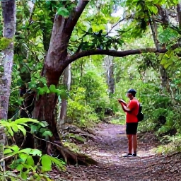 Caribbean Holidays, September Birdwatching, Colourful Bahamian woodland with a birdwatcher quietly observing birds from a shaded trail