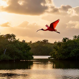 Caribbean Holidays, September Birdwatching, Colourful scarlet ibis flying over calm mangrove waterways in the Caroni Swamp near Port of Spain at sunset