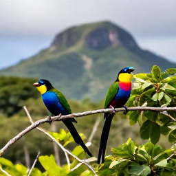 Caribbean Holidays, September Birdwatching, Colourful tropical birds perched in lush woodland on Saint Kitts, with Mount Liamuiga in the background