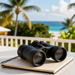 Caribbean Holidays, September Birdwatching, Comfortable Caribbean hotel terrace with binoculars, notebook and tropical landscape in the background