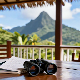 Caribbean Holidays, September Birdwatching, Comfortable Saint Lucia hotel terrace with binoculars, field guide and view of tropical hills
