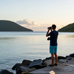 Caribbean Holidays, September Birdwatching, Early morning birdwatching beside a calm Caribbean bay in the British Virgin Islands, with binoculars and field guide