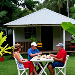 Caribbean Holidays, September Birdwatching, Friendly birdwatchers relaxing at a small Guadeloupe guesthouse after a rainforest excursion, tropical garden and local breakfast