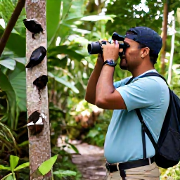 Caribbean Holidays, September Birdwatching, Friendly local birdwatching guide showing visitors a bird through binoculars beside an Antigua nature trail