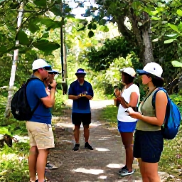 Caribbean Holidays, September Birdwatching, Friendly local birdwatching guide with visitors beside a forest trail in Saint Vincent, Caribbean