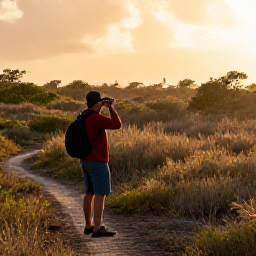 Caribbean Holidays, September Birdwatching, Golden early morning light over an Aruba wetland with a birdwatcher quietly observing from a trail