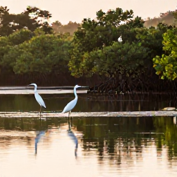 Caribbean Holidays, September Birdwatching, Guadeloupe mangrove lagoon at sunrise with herons, egrets and shorebirds reflected in calm water