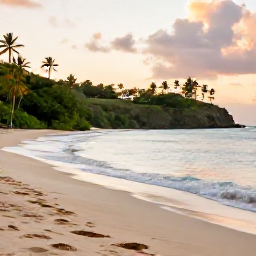 Caribbean Holidays, September Birdwatching, Peaceful Antigua beach and green coastal landscape at golden hour, representing a relaxing birdwatching holiday