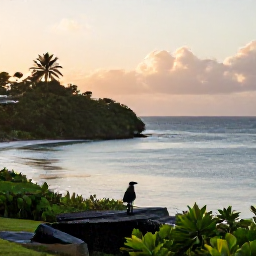 Caribbean Holidays, September Birdwatching, Peaceful Caribbean coastline at sunrise on Saint Kitts and Nevis, with a birder watching from a viewpoint