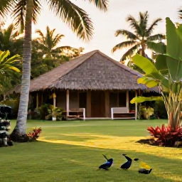 Caribbean Holidays, September Birdwatching, Peaceful Caribbean eco-lodge garden in the Dominican Republic at dawn, with binoculars and tropical birds nearby