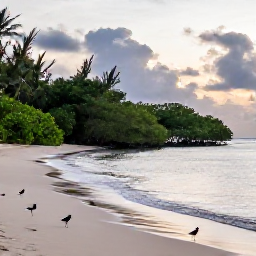 Caribbean Holidays, September Birdwatching, Quiet Caribbean beach and mangrove wetland at sunrise with wading birds along the shoreline