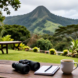 Caribbean Holidays, September Birdwatching, Quiet eco-lodge terrace in Dominica overlooking rainforest hills, binoculars, notebook and cup of coffee in the foreground
