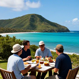 Caribbean Holidays, September Birdwatching, Relaxed outdoor lunch overlooking a turquoise bay and green island hills after a birdwatching morning in the British Virgin Islands