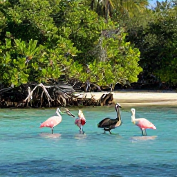Caribbean Holidays, September Birdwatching, Roseate spoonbills and brown pelicans feeding around quiet mangroves and shallow turquoise water in the Turks and Caicos Islands, warm September light
