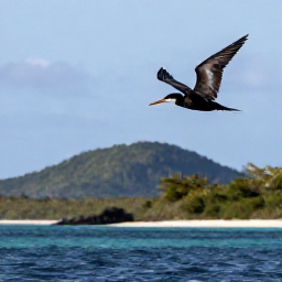 Caribbean Holidays, September Birdwatching, Roseate tern and brown pelican flying above a calm Caribbean bay with forested islands in the background