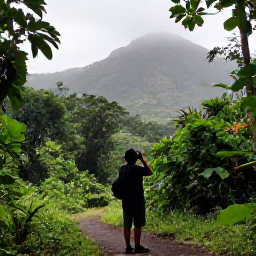 Caribbean Holidays, September Birdwatching, Roseau Valley rainforest in Dominica at early morning, misty green mountains, tropical foliage and a birdwatcher with binoculars on a quiet trail