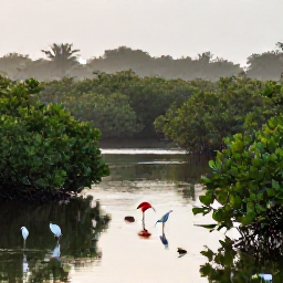 Caribbean Holidays, September Birdwatching, Scarlet ibis and egrets feeding among mangrove channels at dawn in the Caroni Swamp, Trinidad